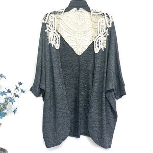 Lady’s World Women’s Gray Cream Crochet Elbow Sleeve Open Front Cardigan